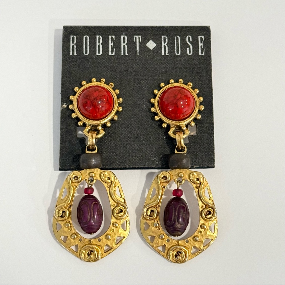 Vintage Robert Rose Clip On Dangle Drop Earrings Etruscan Gold Tone Sun Cabochon